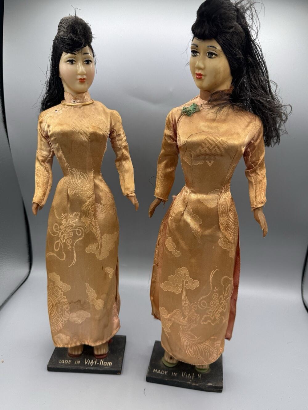 Vintage 1960s Vietnamese Dolls Pair 15” Ao Dai Made in Viet-Nam Vietnam War Era
